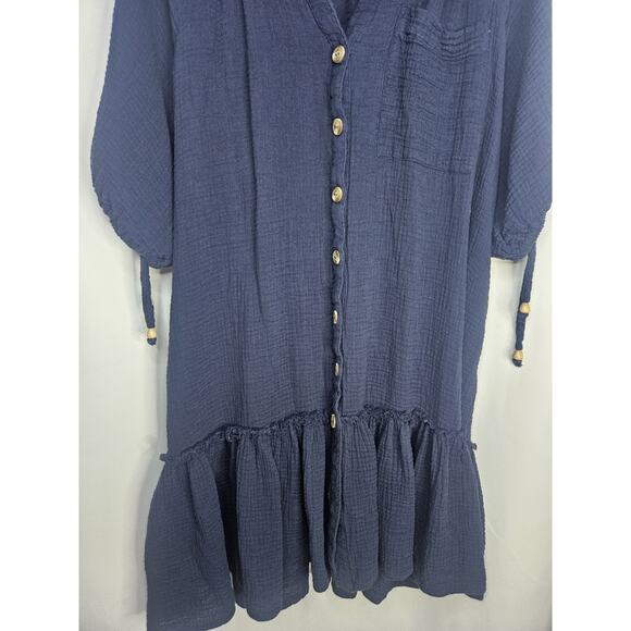 MILLIBON USA Dress Womens Large Tiered Navy Shirtdress Boho Cottagecore - Picture 3 of 7